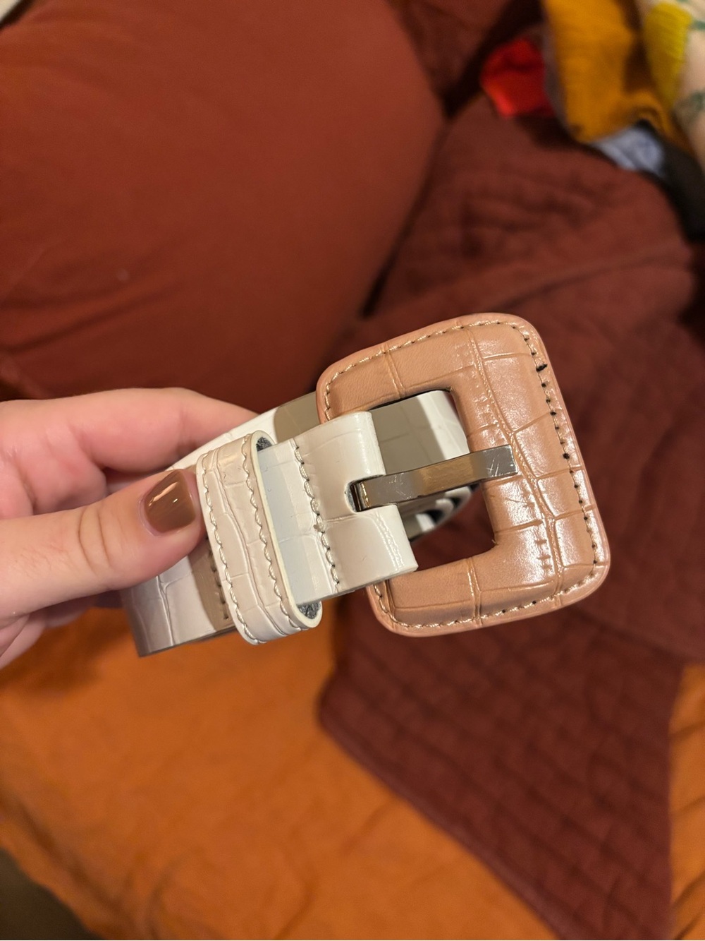 Target Two-Tone Croc-Embossed Buckle Belt - Cream & Tan